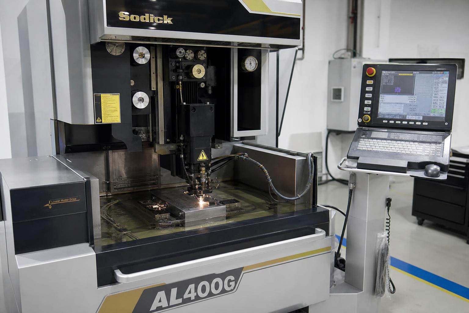 Máquina de eletroerosão a fio (corte a fio CNC) em operação na Verissimo Solution