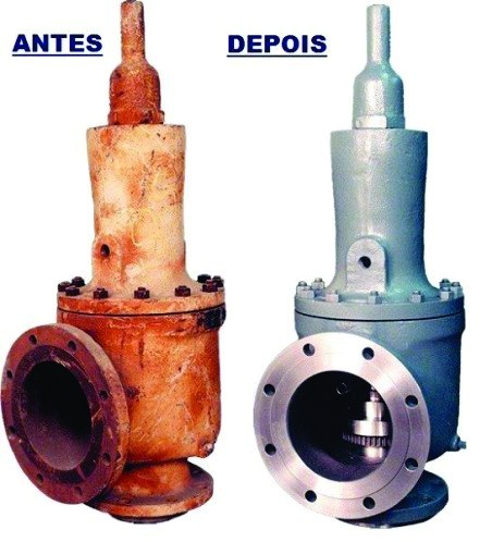 Válvula industrial antes e depois da recuperação pela Verissimo Solution